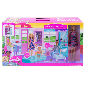 Barbie Dockhus med möbler och docka FXG55